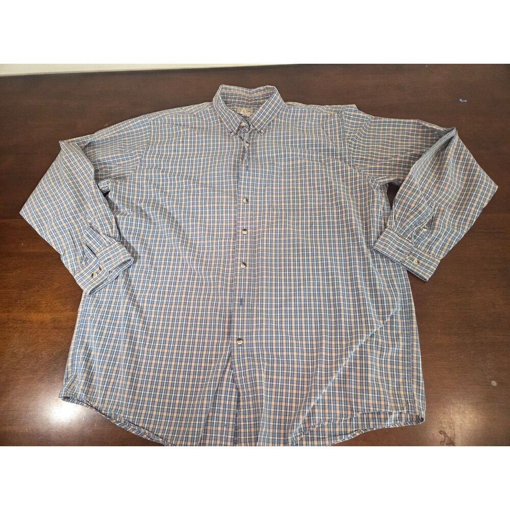 ​LL Bean Shirt Mens 2XLT Plaid Button Down Long Sleeve Blue Tan Cotton